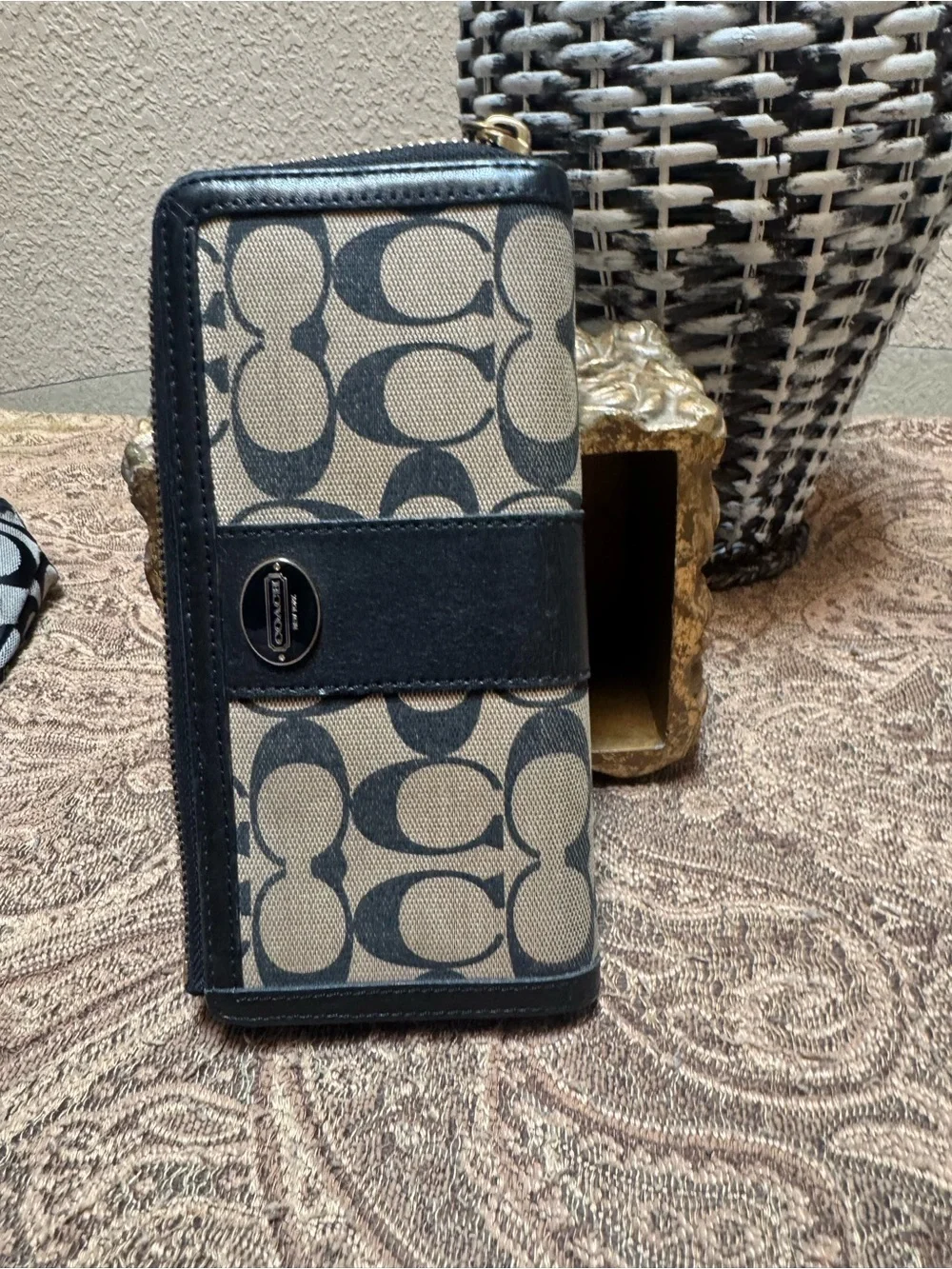 Coach Signature Canvas Zip Phone Wallet in Khaki and Black